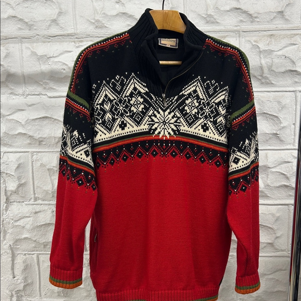 DALE OF NORWAY Black/Red High Neck Insulated Wool 1/4 Zip Knit Sweater